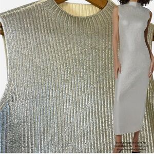NWOT Sweater Maxi Dress Sleeveless Wool Metallic Silver Liquid Metal Loud Luxury
